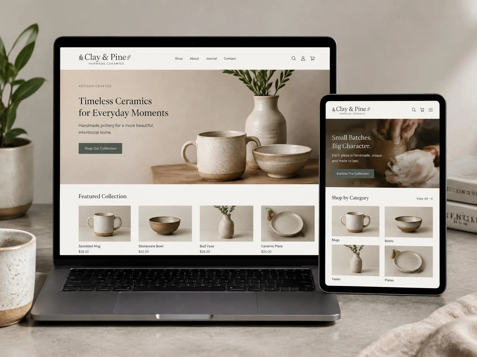 Handmade ceramics online shop on a laptop and tablet