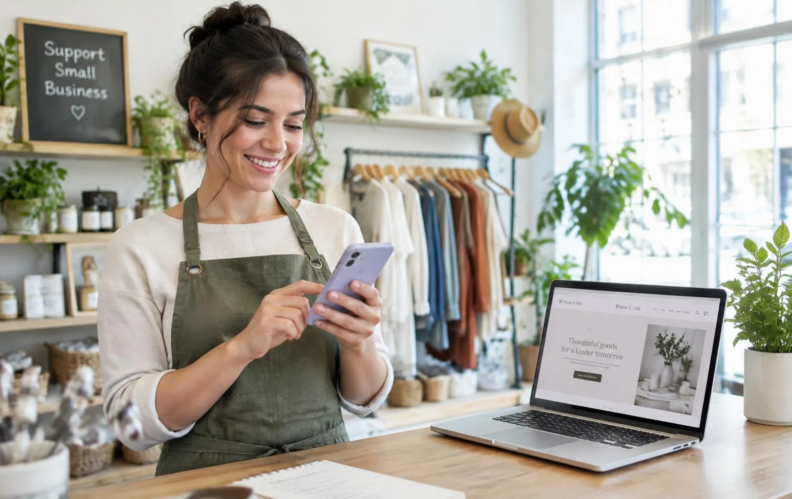 Shop owner checking her new website on a phone
