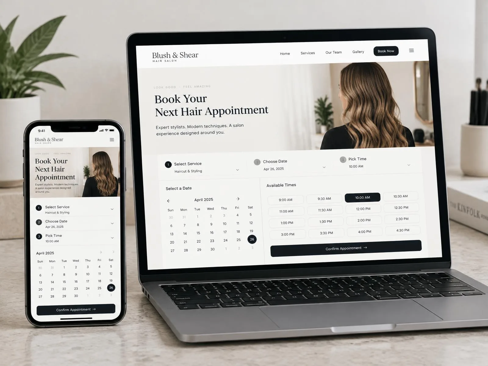 Hair salon online booking website on laptop and phone