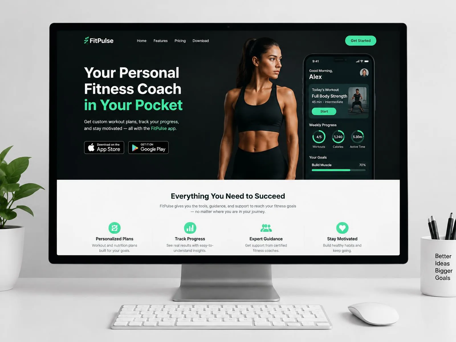 Fitness coaching landing page on a desktop monitor